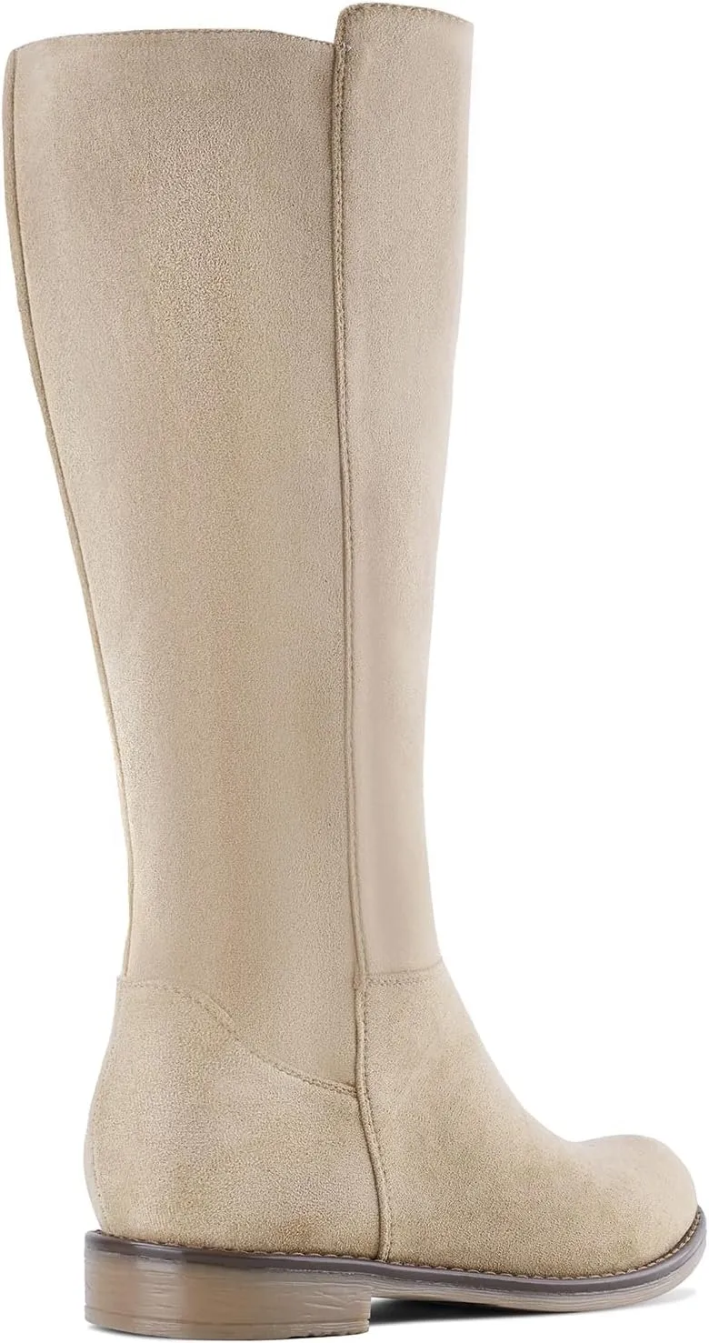 Shoe'N Tale Wide Calf Knee High Boots for Women Flat Low Heel Width Stretchy Round Toe with Side Zipper Fall and Winter Fashion Comfortable