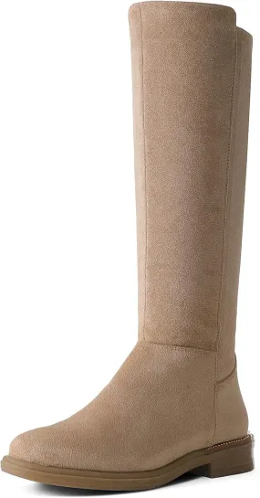 Shoe'N Tale Women's Knee High Boots Flat Low Heel Stretchy Round Toe with Side Zipper