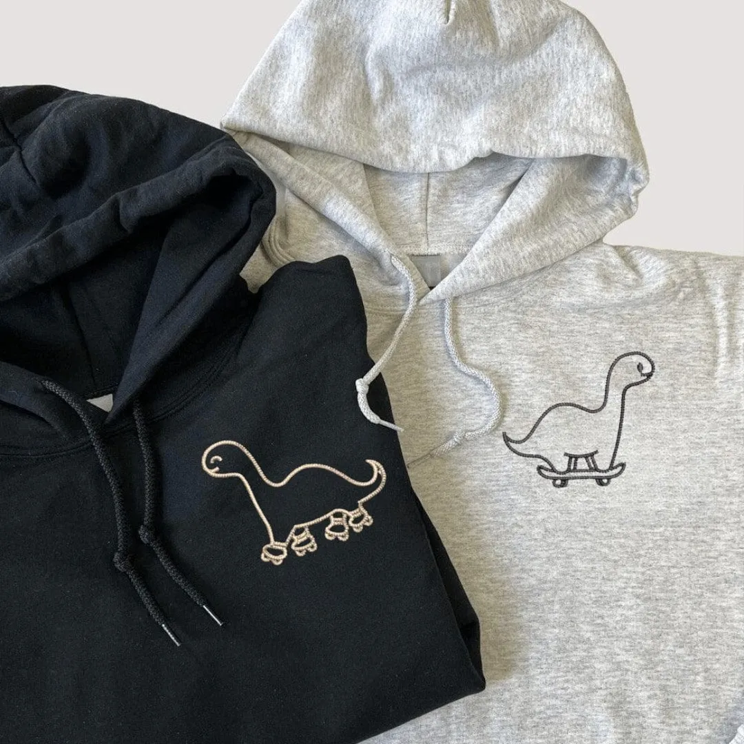 Skater Dinosaur Matching Couple Sweatshirts - Personalized Embroidered Hoodies For Couples
