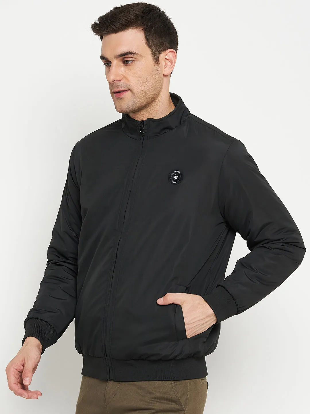 Solid Black Full Sleeves Mock Collar Regular Fit Reversible Casual Jacket for Men