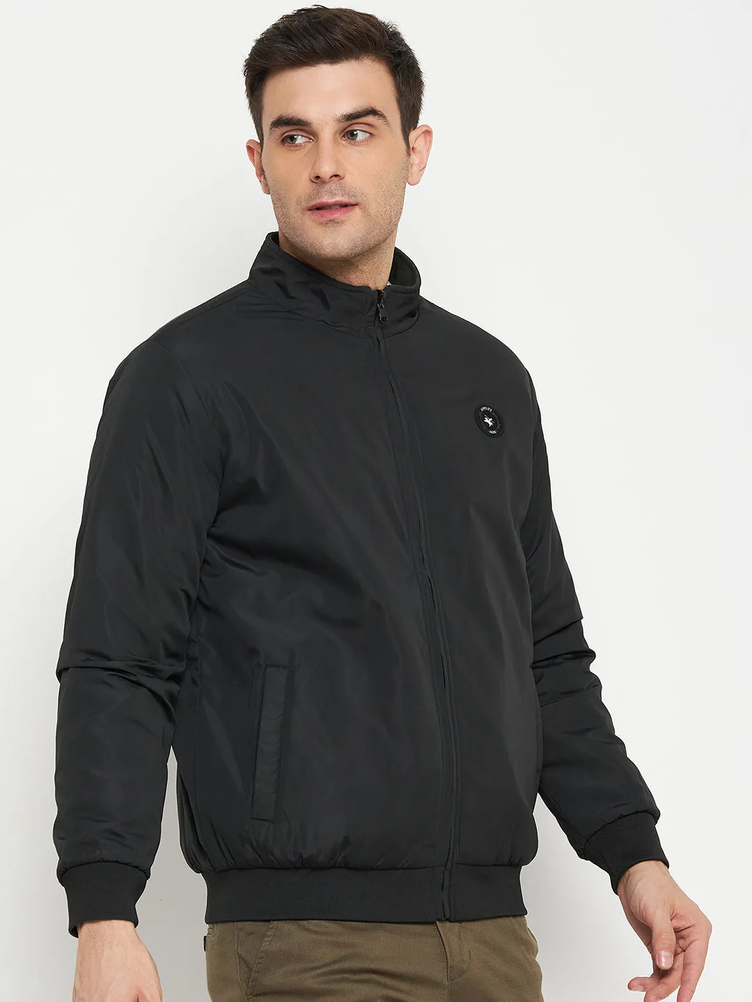 Solid Black Full Sleeves Mock Collar Regular Fit Reversible Casual Jacket for Men