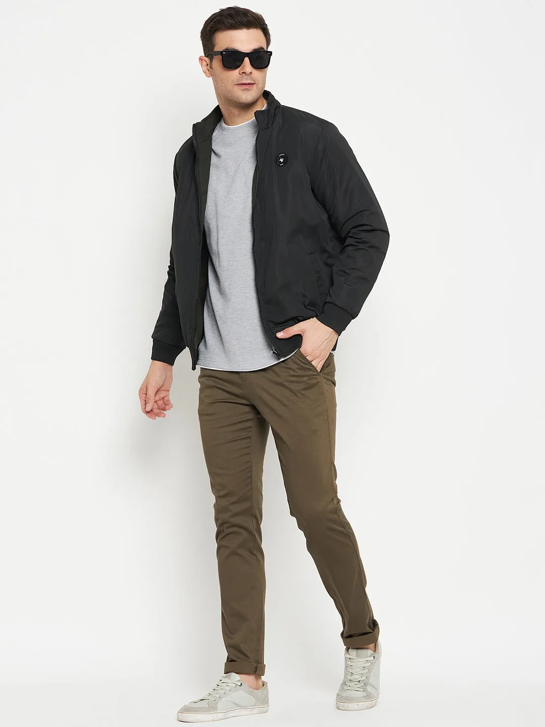 Solid Black Full Sleeves Mock Collar Regular Fit Reversible Casual Jacket for Men