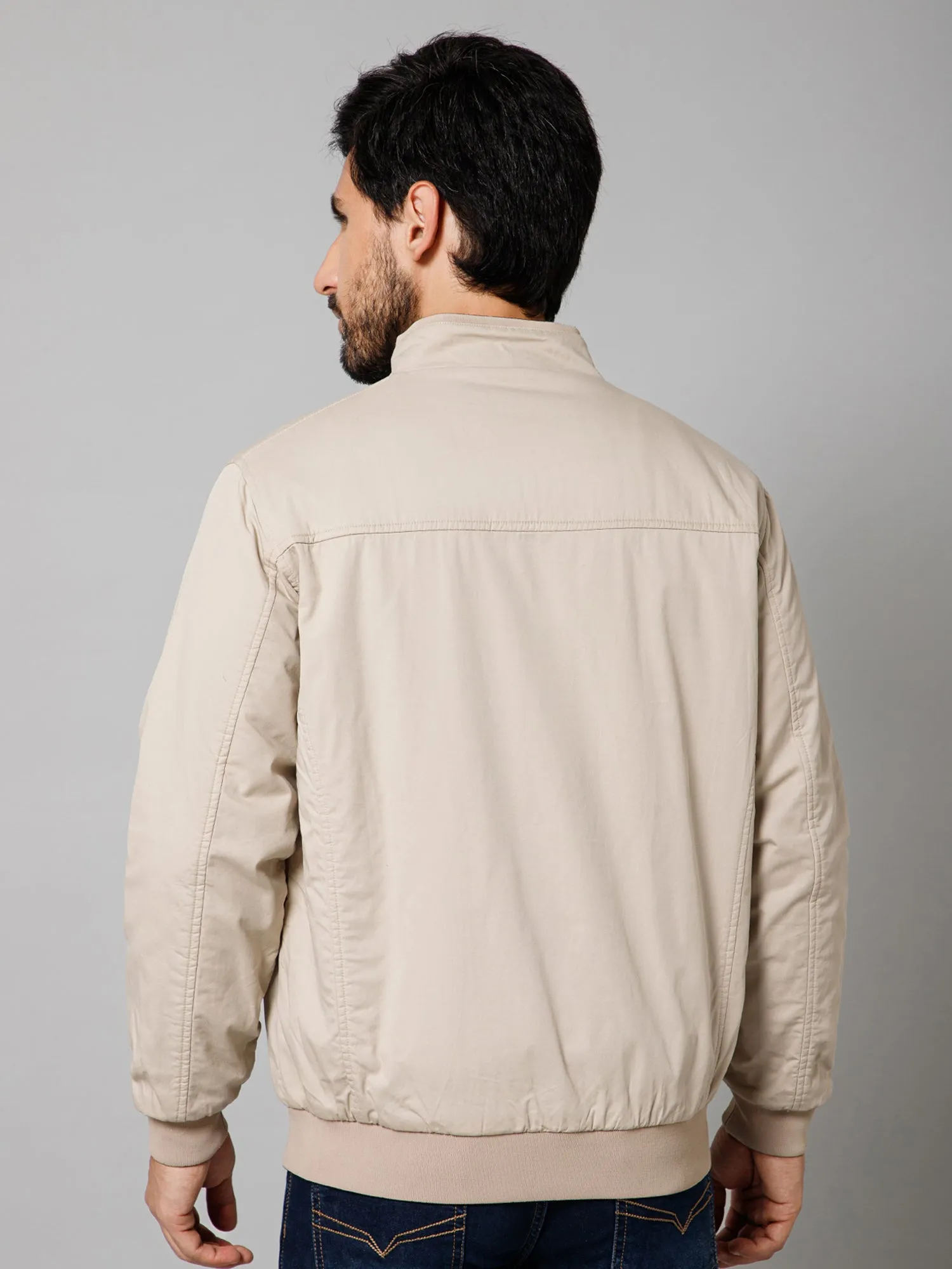 Solid Full Sleeves Mock Collar Regular Fit Beige Casual Reversible Jacket For Men