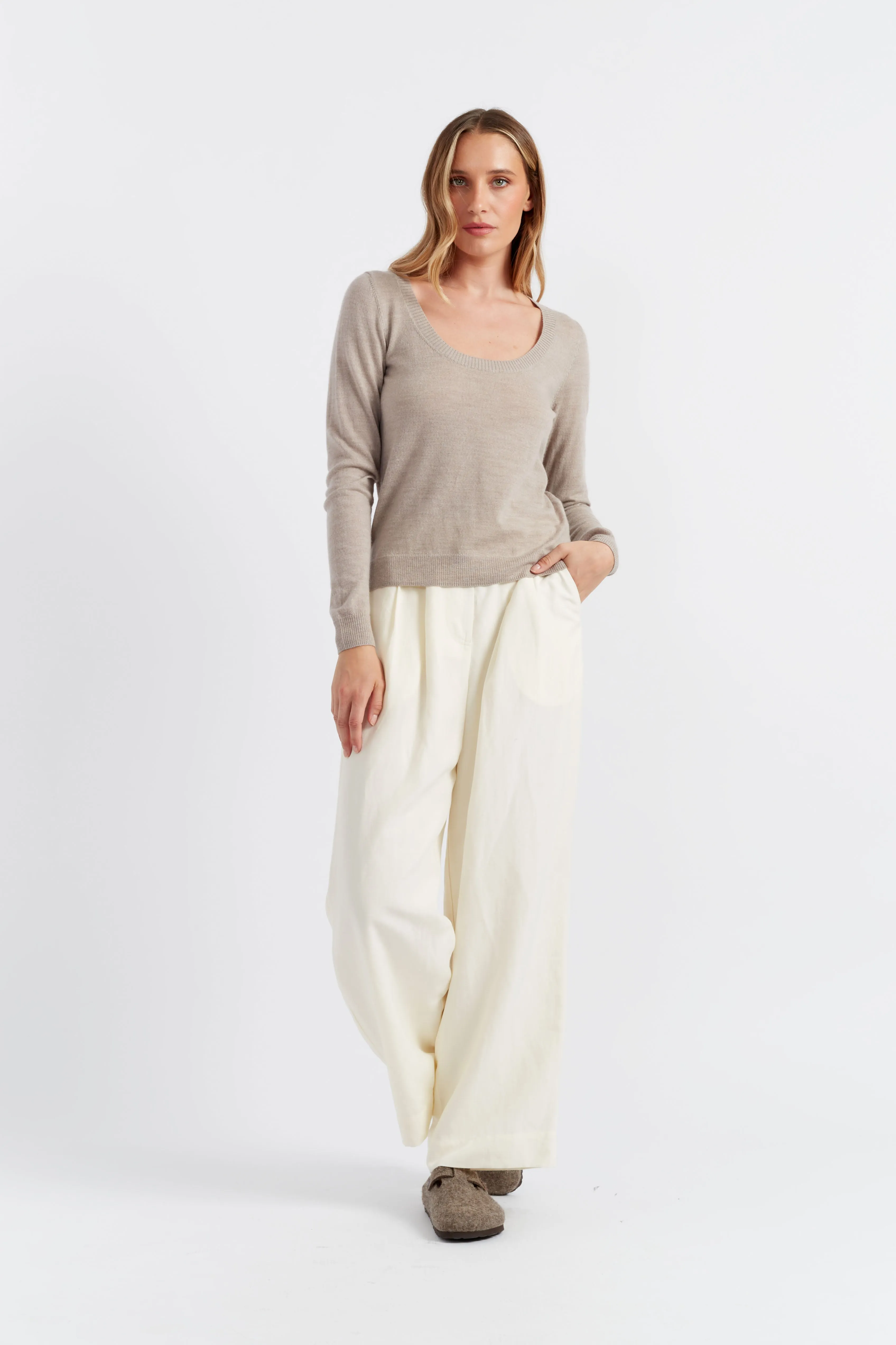 Taupe Pure Merino Scoop Neck Sweater