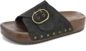 UBFEN Womens Platform Sandals Slides Genuine Leather Adjustable Buckle and Cushion Footbed Comfortable Slip On Retro Shoes