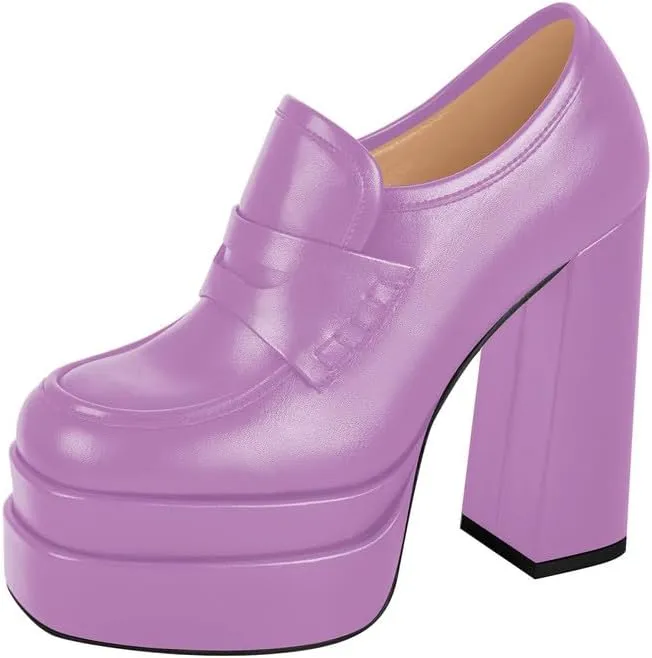 VERISSON Closed Toe Slip on Double Platform Pumps Square Toe Chunky Heels Basic Loafers Pumps