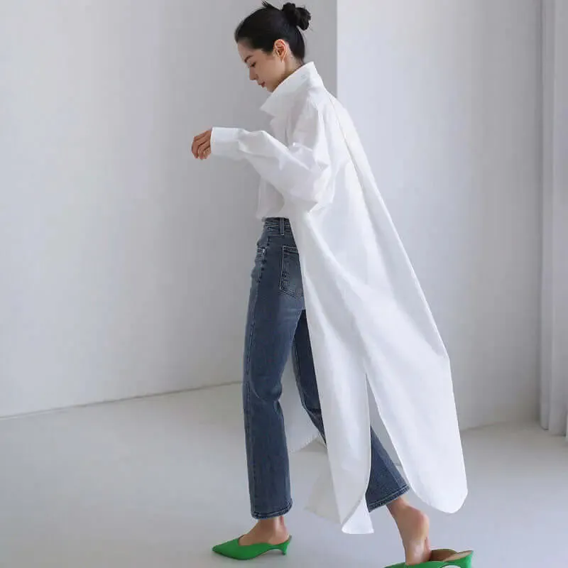 white dress shirt Cotton Women's Blouse - white button down dress