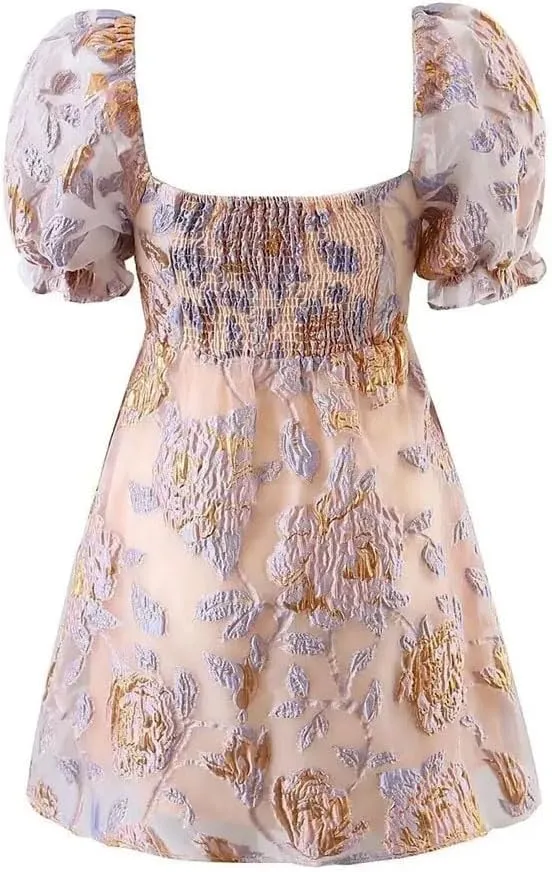 Women Floral Embroidered Mini A-Line Dress Square Neck Short Sleeve Beach Resort Dresses