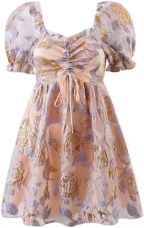 Women Floral Embroidered Mini A-Line Dress Square Neck Short Sleeve Beach Resort Dresses