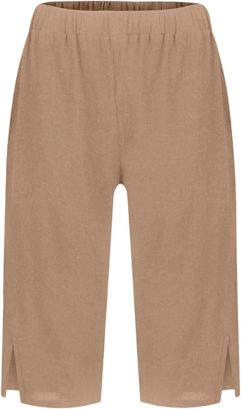 Women's Linen Bermuda Shorts Loose Fit Elastic Waist Drawstring Wide Leg Shorts Summer Casual Beach Outfits with Pocket