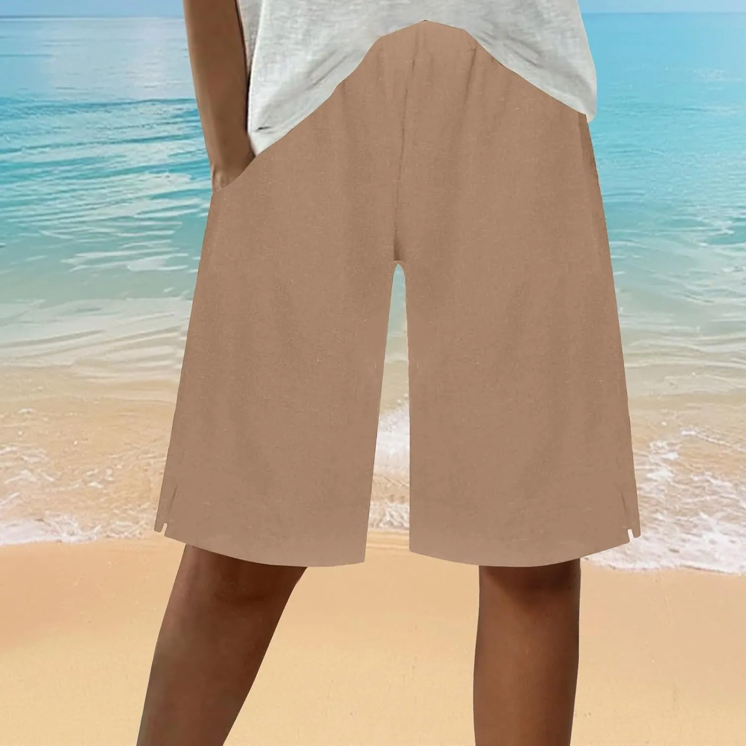 Women's Linen Bermuda Shorts Loose Fit Elastic Waist Drawstring Wide Leg Shorts Summer Casual Beach Outfits with Pocket