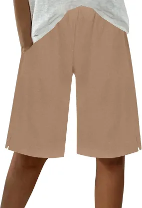 Women's Linen Bermuda Shorts Loose Fit Elastic Waist Drawstring Wide Leg Shorts Summer Casual Beach Outfits with Pocket