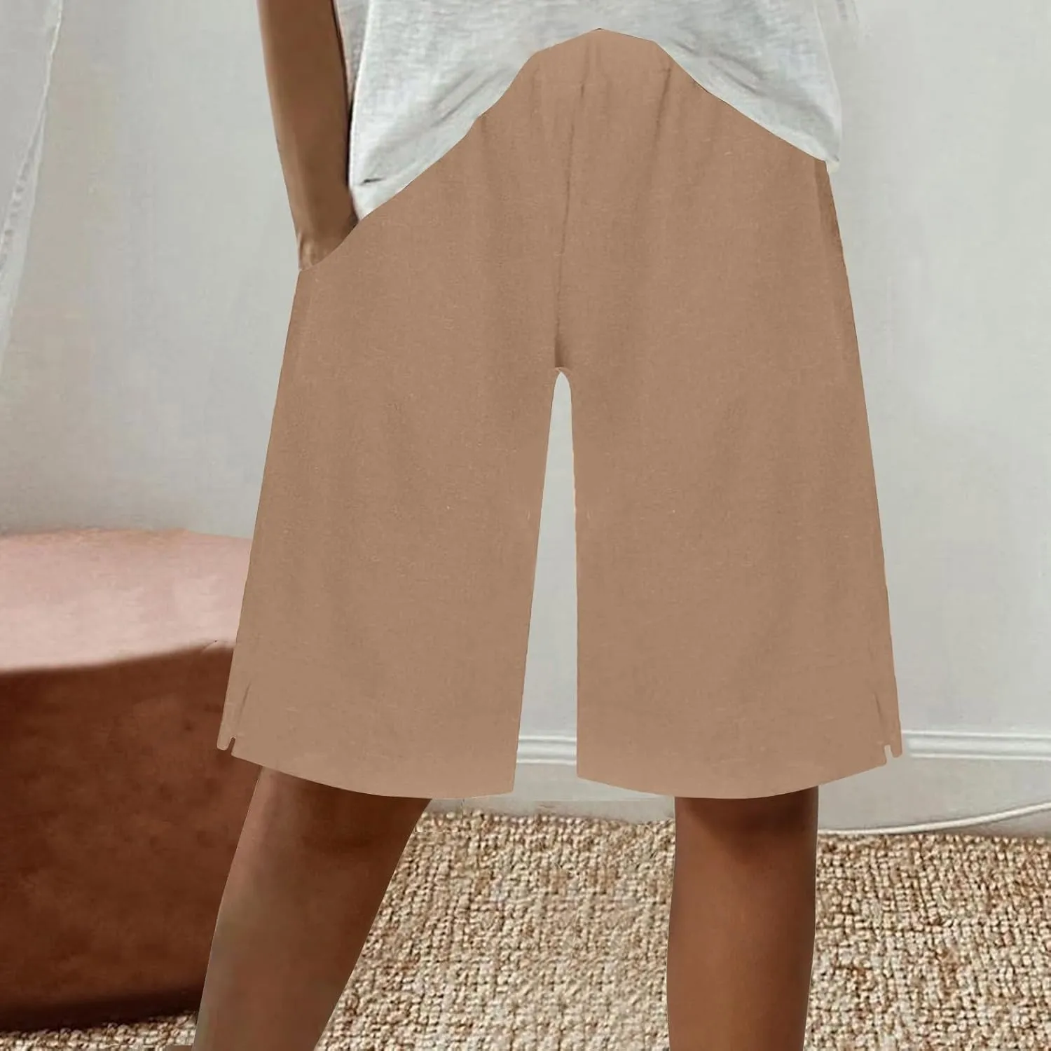 Women's Linen Bermuda Shorts Loose Fit Elastic Waist Drawstring Wide Leg Shorts Summer Casual Beach Outfits with Pocket
