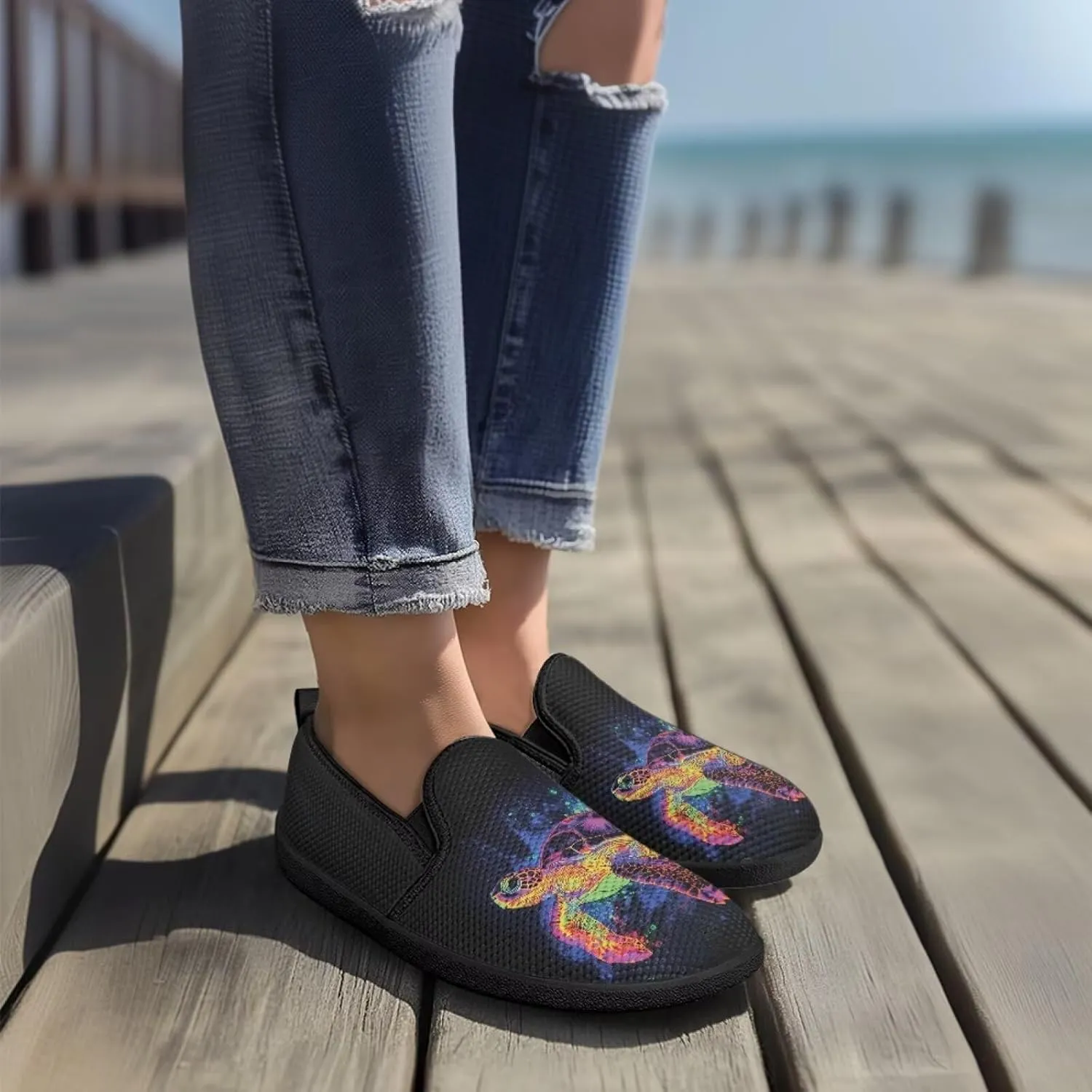 Womens Slip On Ladies Flats Animal Print Breathable Mesh Walking Shoes Lighweight Round Toe Sneakers