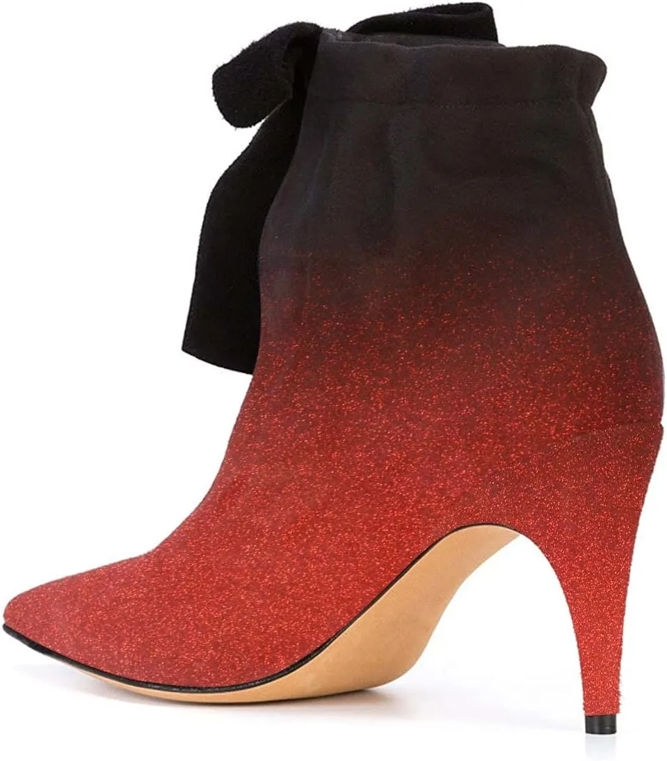 XYD Women Classical Pointed Toe Ankle Booties Dress Low Kitten Heels Graceful Bow Pull-on Boots Party Festival Shoes