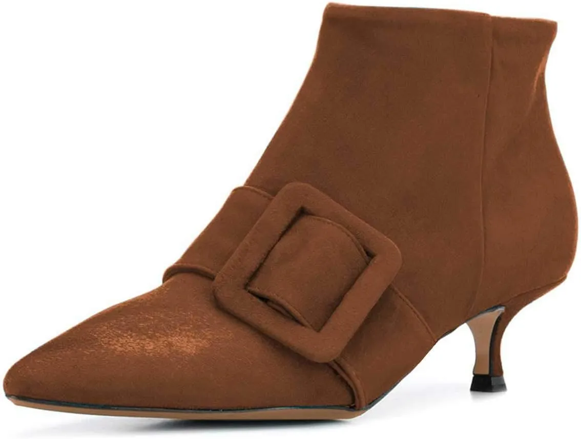 XYD Women's Kitten Low Heel Ankle Boots Pointed Toe Side Zip Short Bootie Buckle Strap Office Event Casual Fall Winter Shoes