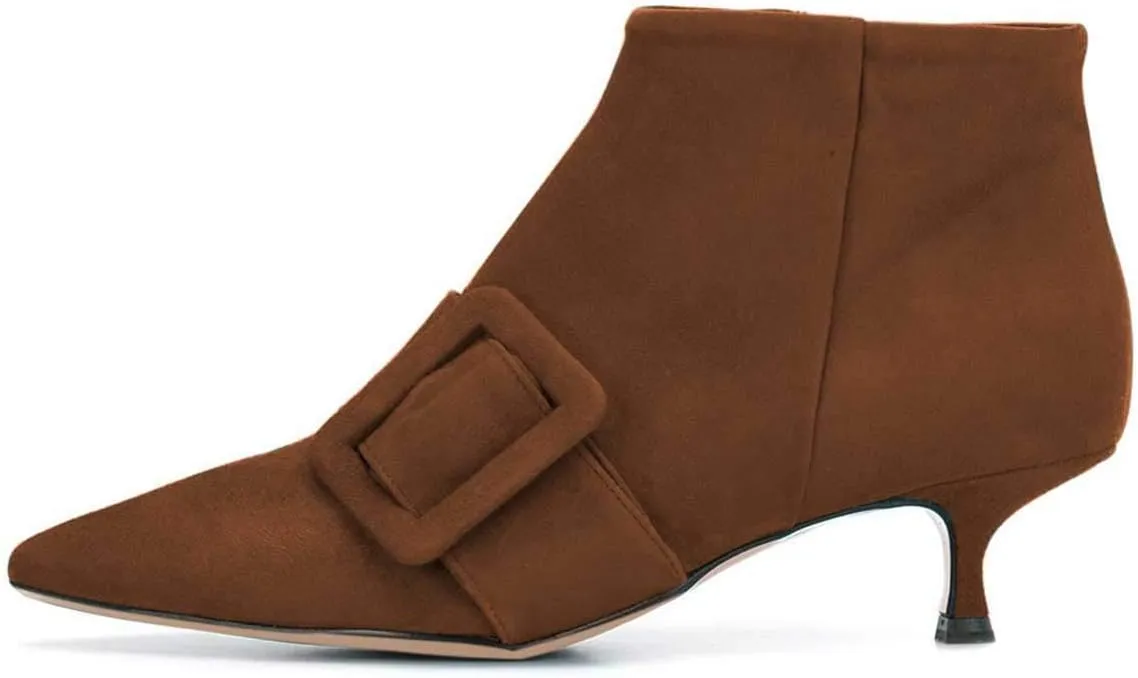 XYD Women's Kitten Low Heel Ankle Boots Pointed Toe Side Zip Short Bootie Buckle Strap Office Event Casual Fall Winter Shoes