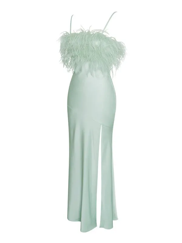 Yanira Mint Feather High Slit Satin Maxi Dress