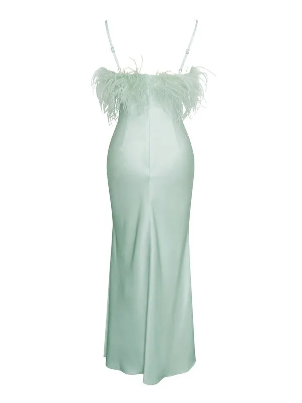 Yanira Mint Feather High Slit Satin Maxi Dress