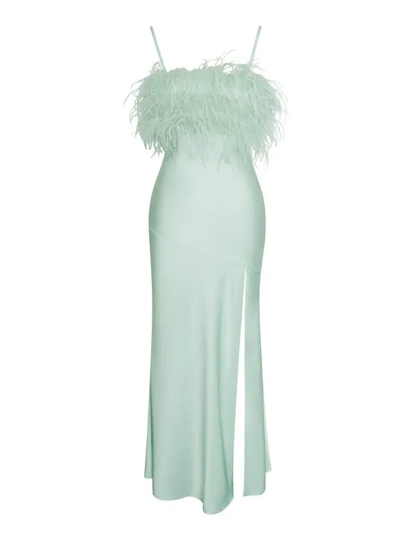 Yanira Mint Feather High Slit Satin Maxi Dress
