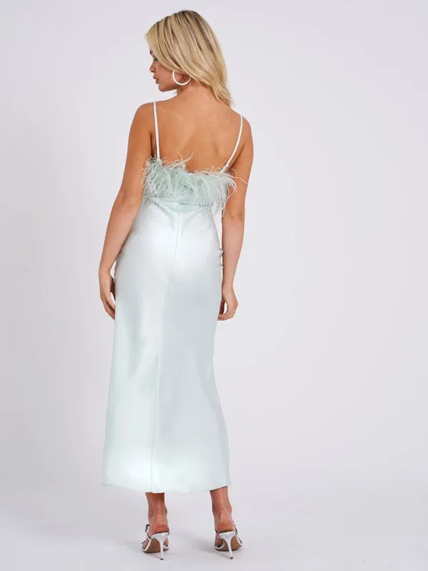 Yanira Mint Feather High Slit Satin Maxi Dress