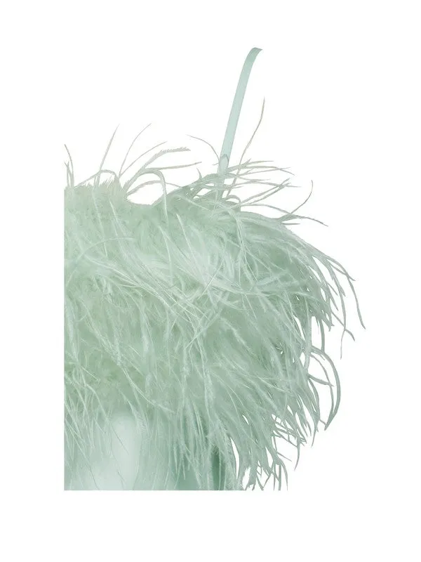 Yanira Mint Feather High Slit Satin Maxi Dress
